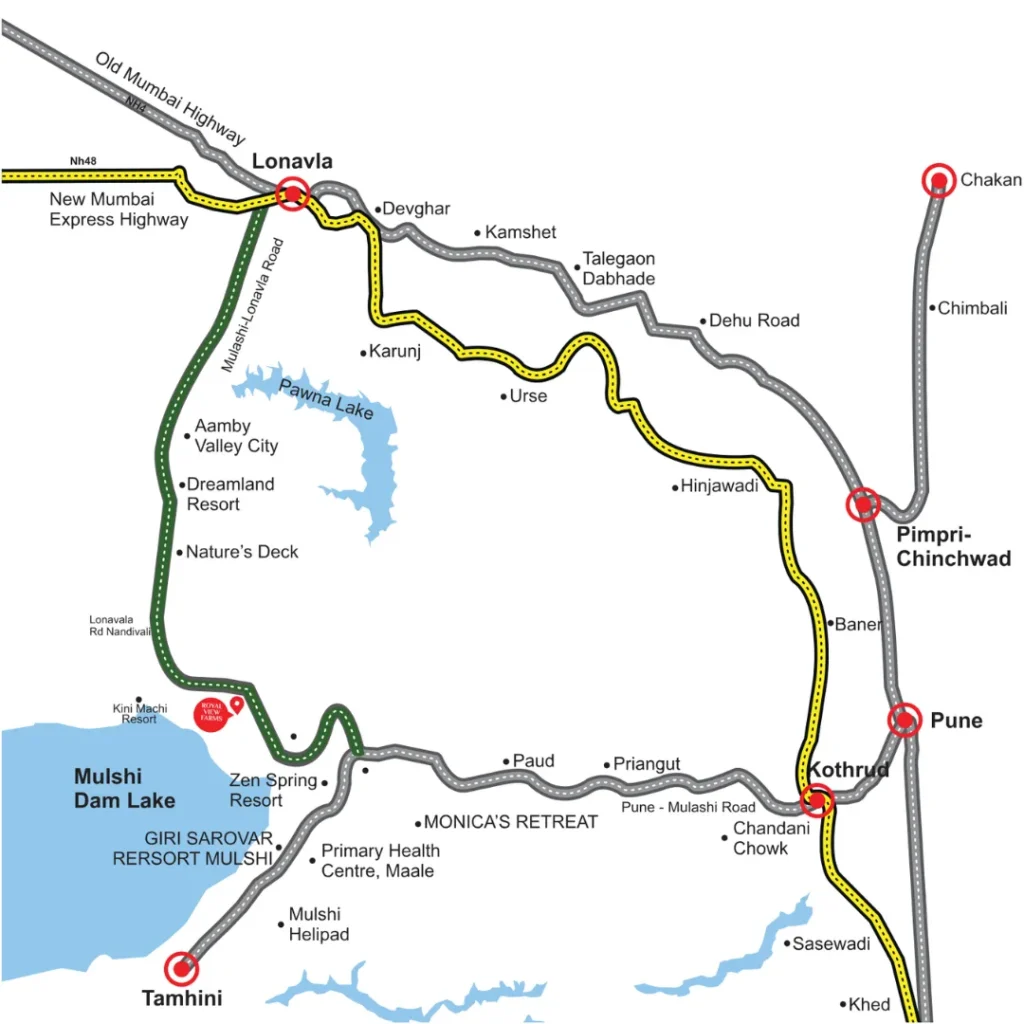Direction map showing the route from Pune to Royal View Farms Phase 2 on Mulshi Lonavala Road near Mulshi Dam.